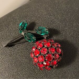 Vintage Cherry Brooch Signed Warner Red Green Fruit Pin Green Rhinestones